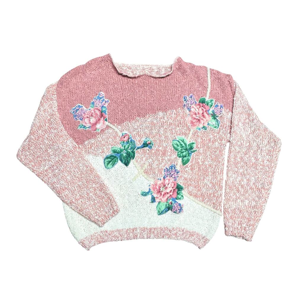 Nubby Knit Marled Pink & White Floral Ribbon Pearl Applique Sweater Size L (est)